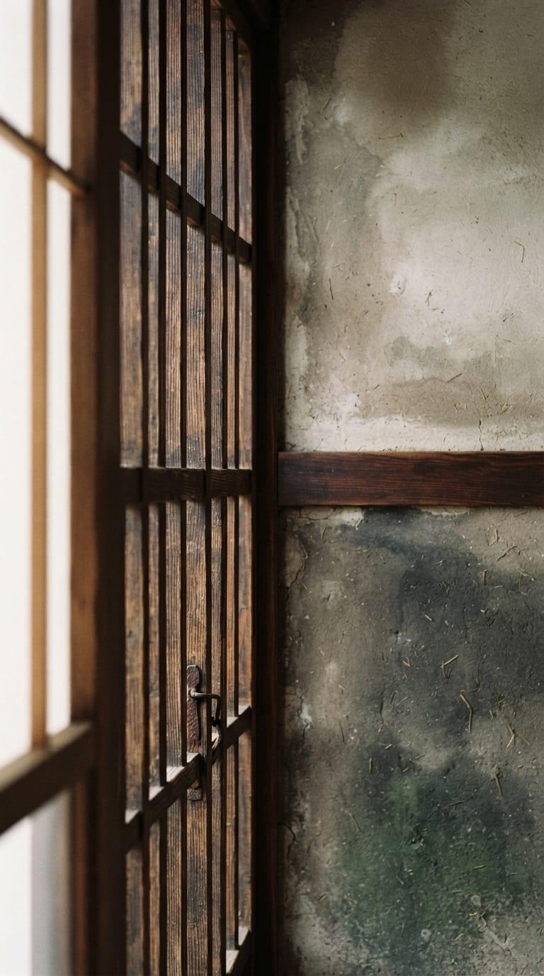 aged timber lattice, plaster wall, natural light